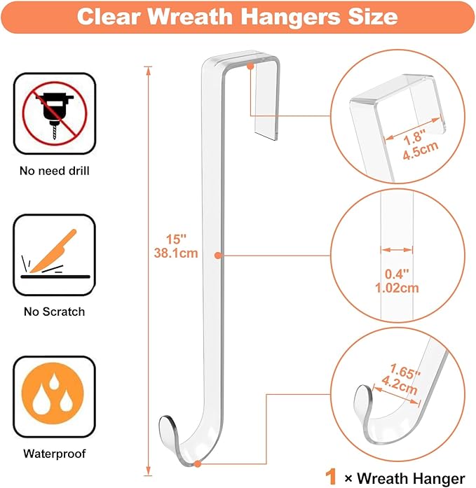 15" Clear Wreath Hanger for Front Door, Invisible Over The Door Hook, Non-Scratch 10lb Heavy Duty Year-Round Decor & Organization for Christmas, Easter, Home