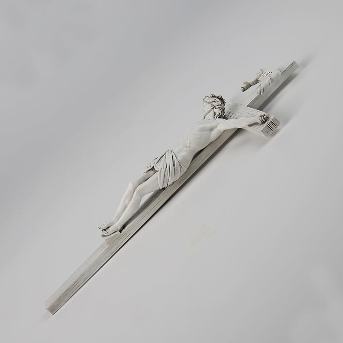 BC Catholic Crucifix Wall Cross, 10" H Jesus Christ Home Decor, Religious Gift, Wood Carved Look, Grey White Finish, Hand Painted by Buildclassic