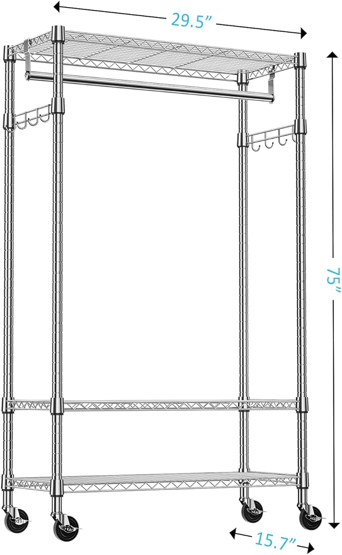 IZEUK Heavy Duty Rolling Garment Rack Wire Clothes Rack for Hanging Clothes (Chrome, 3 Tier with 2 Rod, 29.5" W x 15.7" D x 75" H)