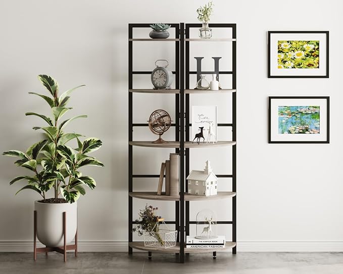 BON AUGURE Rustic Corner Shelf Stand, Tall Industrial Corner Bookshelf, Wood Metal 5 Tier Bookcase Shelves, Display Shelving Unit for Kitchen, Living Room (Dark Grey Oak)