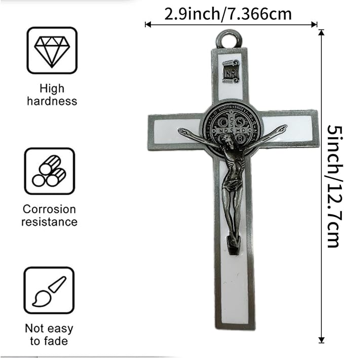 BONITTER Antique Silver Crucifix Wall Cross-St. Benedict Metal Wall Art-5.0 InchX2.7 Inch Black White Brown Enamel Give Blessing and The Spiritual Sacred:Faith Gift for your Acquaintances (White)