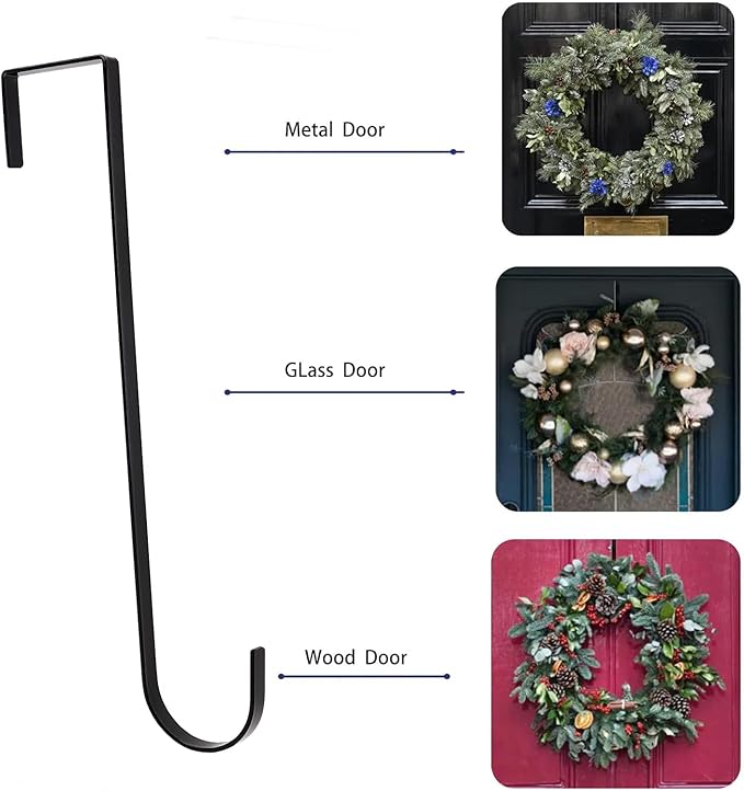 12 in Wreath Hanger Black Wreath Hangers for Front Door Wreaths Hangers Hook Over The Door Hook for Christmas Wreaths Holder Xmas Halloween Easter Home Outdoor Decorations