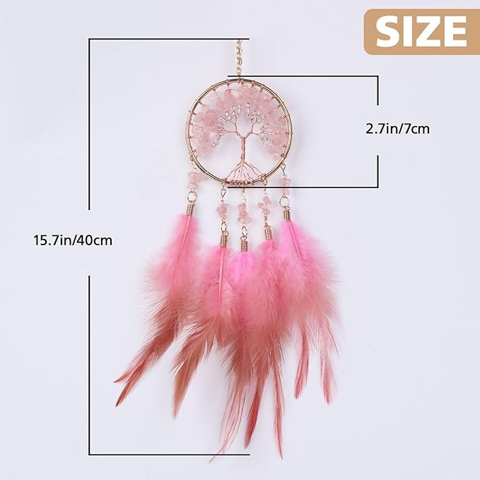 Pretty Jolly Small Tree of Life Crystal Stone Dream Catchers Pink Feathers Mini Dreamcatchers for Cars Rear View Mirror Hanging Decoration Good Luck Travel Charm Bedroom Ornaments for Women Girls