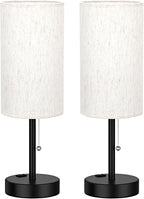 Fenmzee Plus Bedside Table Lamps Set of 2-3 Color Temperatures Pull Chain Lamp with AC Outlet Charging Port, Round Night Stand Lamps for Bedroom Guest Room Office, Bed Side Light with E26 LED Bulbs