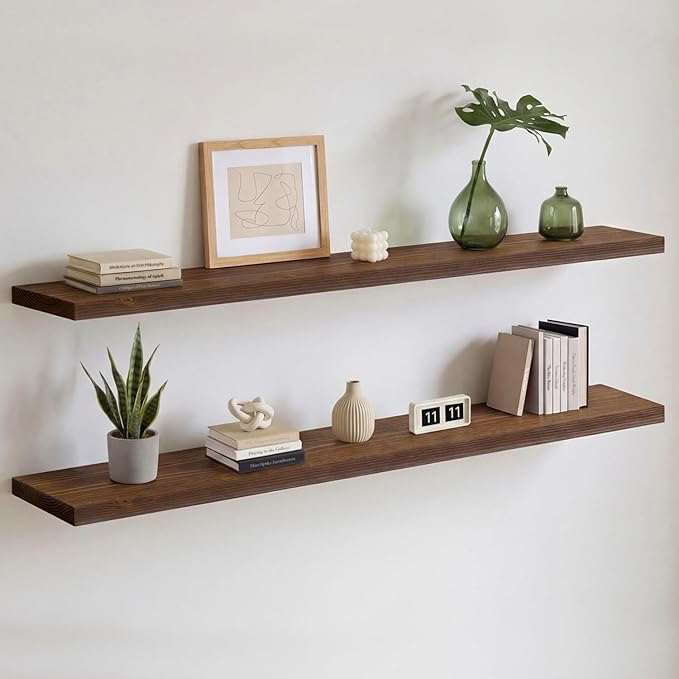 Homeforia Classic Walnut 60 inch Floating Shelf, High End Solid Real Wood Small 60inch Floating Shelves for Wall Mounted, 60in Floating Shelves, Heavy Duty Bracket, 60 X 6.5 X 1.75 inches, Set of 3