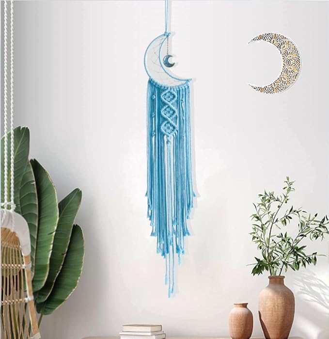Dream Catchers Moon Dream Catcher with Light, Blue Dream Catcher for Girls Room Wall Decor for Women, Macrame Dreamcatcher Boho Bedroom Decor for Teen Girls Boys for Mom Room Decor