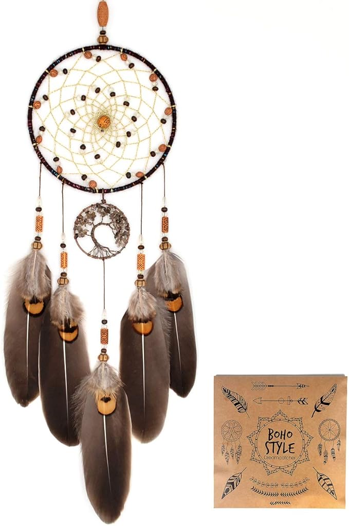 Urdeoms Tree of Life Crystal Dream Catchers for Boys Brown Boho Dream Catcher Wall Decor for Bedroom Adult Smoky Quartz Hanging Decor for Dorm Living Room(NO.10)