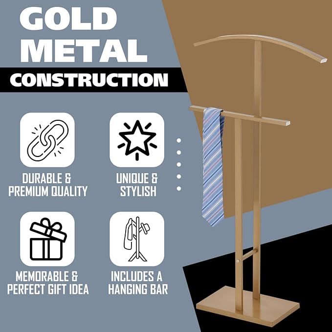 Kings Brand Furniture Dossi Modern Metal Suit Valet Stand, Clothes Rack Organizer with Jacket, Pants & Tie Holder, Space-Saving Garment Rack for Bedroom or Closet (Gold)