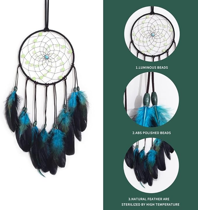 Dream Catchers with Luminous Beads, Handmade Blue Dreamcatcher, Bedroom Decor for Boys Girls Kids Ornament Art Craft Gift