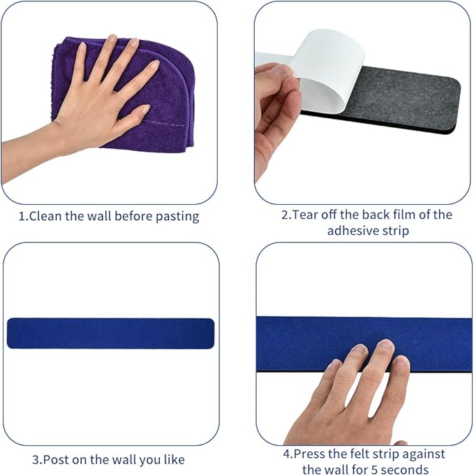 Vuzvuv 8 pcs Bulletin Board Bar Strips with 50 Pushpins & 10 Wooden Clip pins，Self Adhesive Cork Board for Wall，Felt Pin Board for School，Office Decor(Dark Blue)