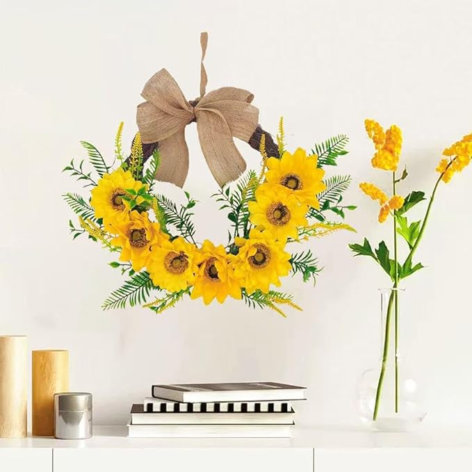 18 Inch Sunflower Wreath for Front Door, Artificial Spring Wreath with Bright Sunflowers and Bow for All Seasons Indoor Outdoor Wall Window Office Farmhouse Entryway Decor