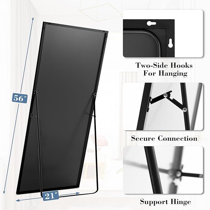 DUMOS 64"x21" Full Length Mirror with Stand, Floor Standing Aluminum Frame, ShatterProof Nano Glass for Bedroom, Living Room, Cloakroom Modern Simple Home Decor, Can Be Hanging, Leaning or Wall, Black