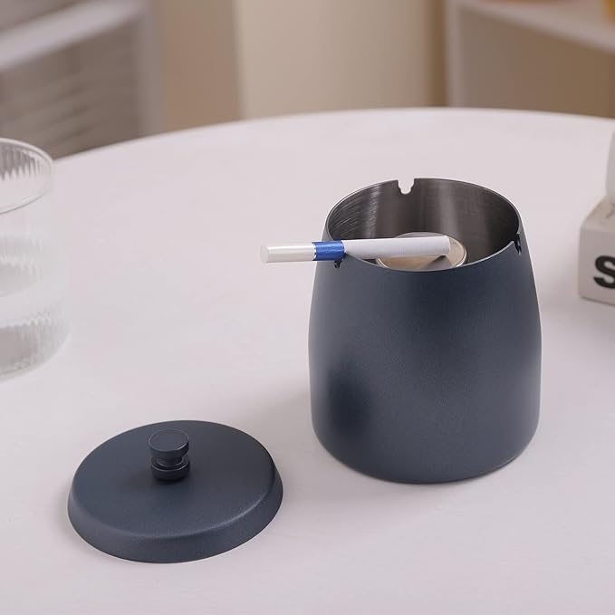Extra Large Ashtray with Lid for Cigarette, Stainless Steel Smokeless Odorless Windproof Ash tray for Home Office Tabletop Outside Patio Outdoor Balcony(4.72''x3.93''x4.33'')