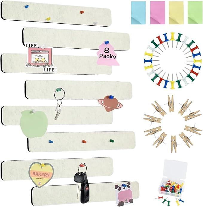 Vuzvuv 8 pcs Bulletin Board Bar Strips with 50 Pushpins & 10 Wooden Clip pins，Self Adhesive Cork Board for Wall，Felt Pin Board for School，Office Decor(Cream White)