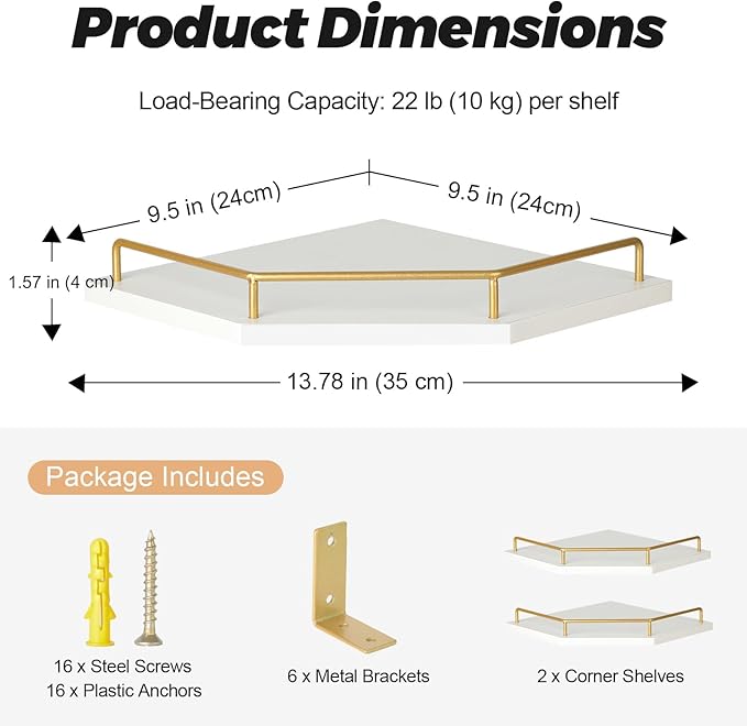 Tirzah White Wall Mount Corner Shelf with Gold Metal Guardrail, 2-Tier 9.5-inch Diamond-Shaped Wood Corner Floating Shelves for Home Decor Kitchen Organizer