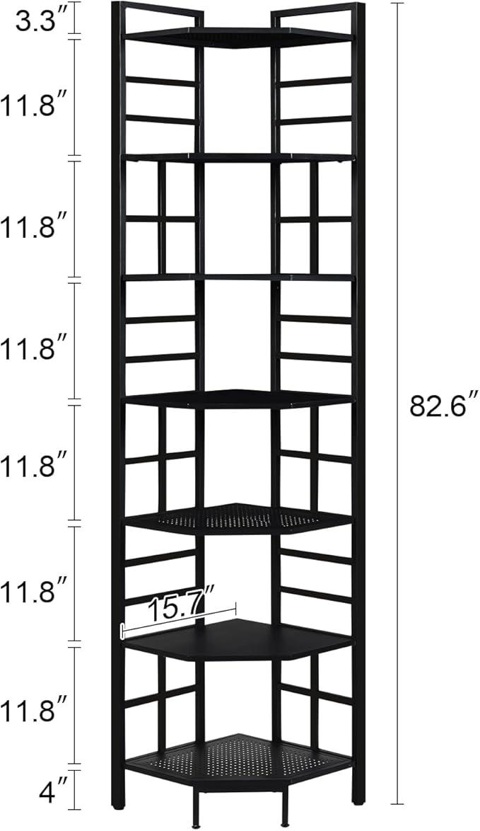 HOMISSUE Corner Shelf, 7 Tier Tall Narrow Bookshelf 82.6", Industrial Corner Bookcase with Storage for Home Office Living Room and Bedroom, Black