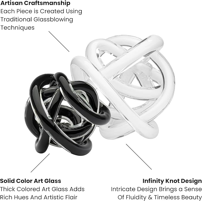 Torre & Tagus Orbit Hand Blown Glass Infinity Knot Sculpture - 4.5 Inch Glass Art Black Knot Decor Ball for Home Decor, Small Centerpiece Table Decoration for Home Interior (Solid Black)