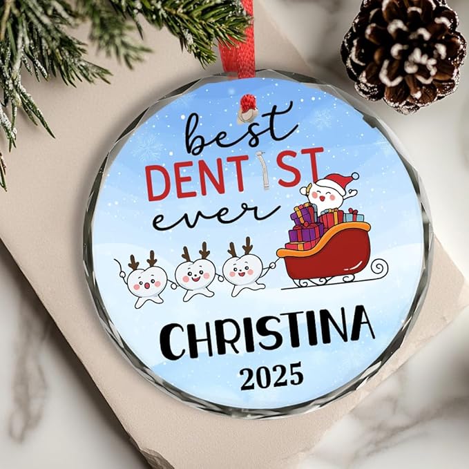 BSQUIELE Personalized Best Dentist Ever Glass Ornament 2025 - Custom Name Orthodontist Keepsake - Gift for Dental Assistant Hygienist - Unique Xmas Tree Hanging Decoration for Dental Professionals