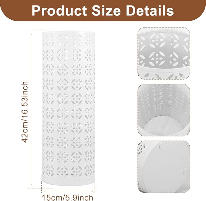 Umbrella Stand for Entryway, Metal Umbrella Holder, Freestanding Umbrella Stand Round Umbrella Holder Bin Waterproof Umbrella Storage Rack Indoor Walking Stick Holder for Home Entryway(15*42cm,White)