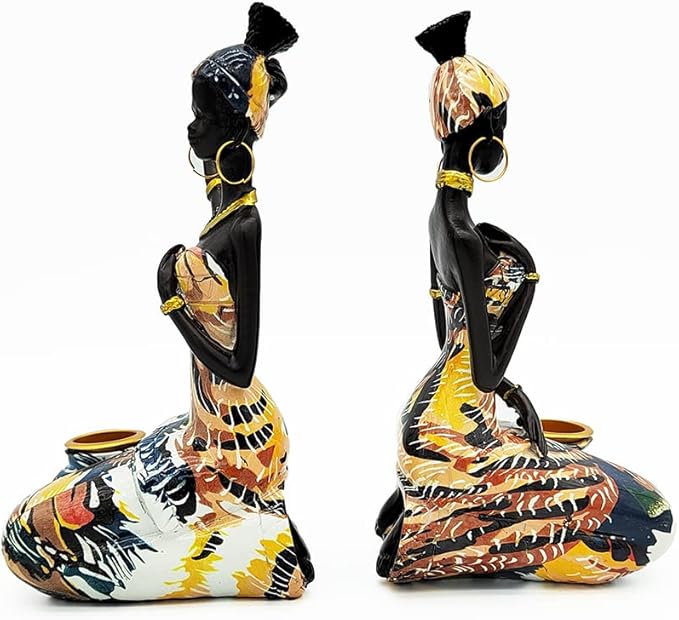African Statues Art Sculptures Women Figure Girls Tribal Lady Figurine Black Women Home Decor Collectible Creative Vintage Gift Crafts (Yellow Dress)