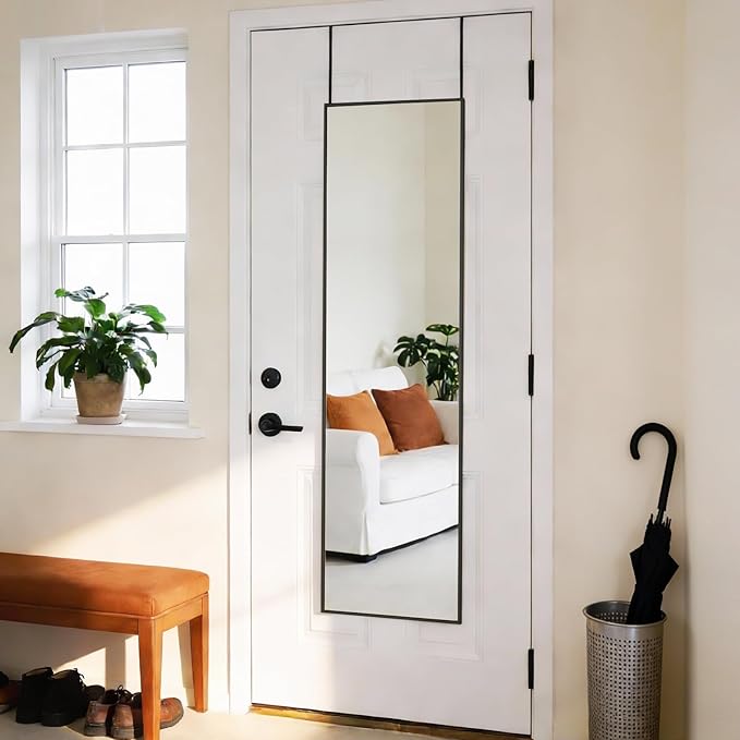 DUMOS 47x14 Inch Full Length Mirror Over the Door, Wall Mounted Full Body Mirror, Door Hanging Metal Aluminum Alloy Frame Dressing Mirrors for Bedroom, Living Room, Entryway, Black