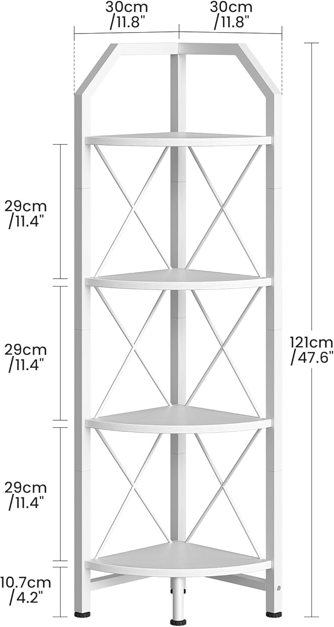 CHOEZON 4-Tier Corner Shelf, Industrial Corner Bookshelf, 47.6" Corner Storage Stand, Plant Stand Display Shelf, Corner Bookcase for Bedroom, Living Room, Home Office, White TCJ09WB