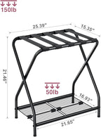 Luggage Rack with Storage Shelf, Foldable Suitcase Stand, Heavy Duty Metal Luggage Holder, 150 lbs Top Capacity, 50 lbs Bottom Shelf, for Guest Room, Bedroom, Hotel LR-BK-1