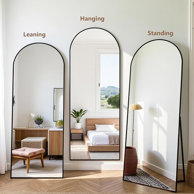 Prywot Arched Floor Mirror, 64 "x 21" Full Length Mirror Wall Mirrors Hanging or Leaning Arched-Top Full Body Mirrors with Stand for Bedroom, Dressing Room, Black