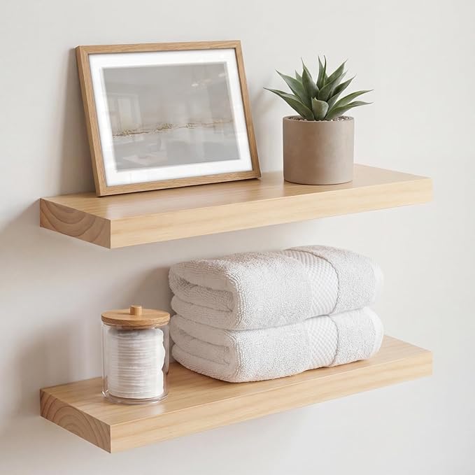 Homeforia 18 inch Natural Floating Shelf, High End Solid Real Wood 18inch Small Floating Shelves for Wall Mounted, Natural Wooden Floating Shelves, Heavy Duty Bracket, 18 X 6.5 X 1.75 in, Set of 4
