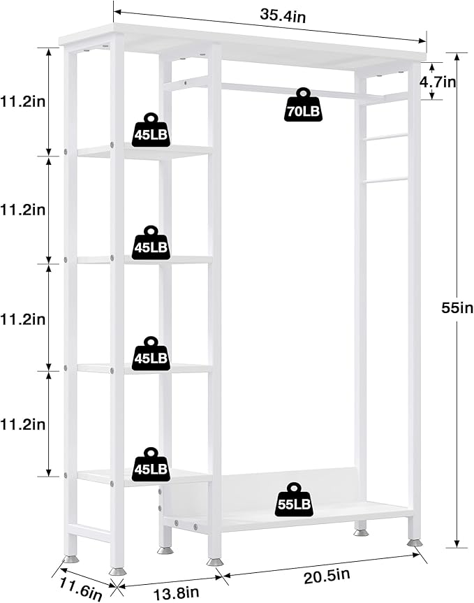 VECELO Open Garment Clothing Rack, Free-Standing Heavy Duty Storage Closet with 5 Shelves and Hanging Rod for Small Spaces, Max Load 350LBS, White
