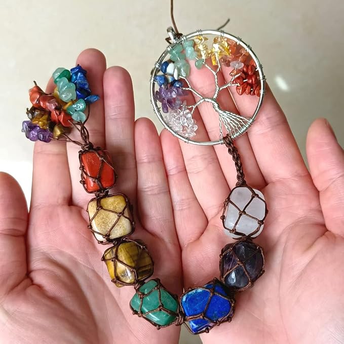 Handmade Crystal Window Car Hanging Ornaments 7 Chakra Home Decoration Feng Shui Ornament Yoga Meditation Car Decoration Tumbled Palm Stones (7 Chakras Tree)