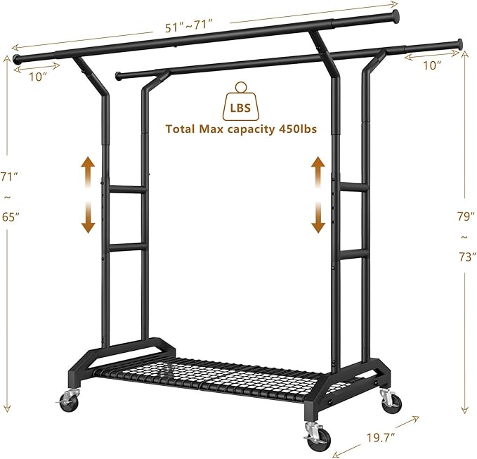 Heavy Duty Clothes Rack Double Clothing Rack 450lbs Capacity 3" Industrial Wheels 51"-71" L X 19.7" D X 73"-79" H Stury Rolling Clothes Rack Adjustable Rolling Garment Rack Black