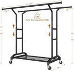 Heavy Duty Clothes Rack Double Clothing Rack 450lbs Capacity 3" Industrial Wheels 51"-71" L X 19.7" D X 73"-79" H Stury Rolling Clothes Rack Adjustable Rolling Garment Rack Black