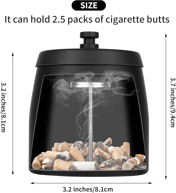 Outdoor Ashtray with Lid, Ashtrays for Cigarettes Outdoor, Ash Tray Sets for Cigarettes for Patio, Stainless Steel Windproof Ashtrays Covered Metal, Black Ashtray, Small