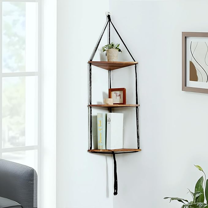 Artilady Macrame Corner Shelf Wall Hanging - 3 Tier Black Floating Shelves Plant Corner Wall Decor, Boho Rustic Wooden Plant Storage Rack for Bedroom Living Room Bathroom