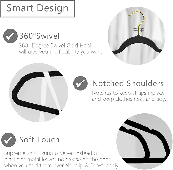 MIZGI Premium Velvet Hangers Pack 30 Pcs Heavyduty - Non Slip Slimline - Velvet Suit Hangers Black - Gold Hooks,Space Saving Clothes Hangers