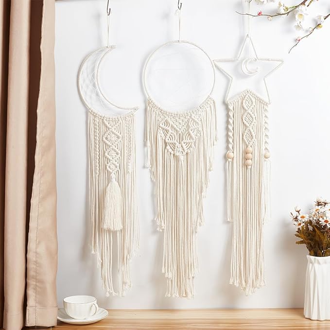 Macrame Kits for Adults Beginners Easy 3 Set Moon Star Craft Kits DIY Dream Catcher Kit with Instructions Video Macrame Wall Hanging Supplies Dream Catcher Kit for Room Wall Decoration