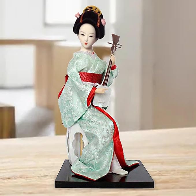 12inch Japanese Geisha Ethnic Japanese Geisha Dolls Oriental Ancient Kabuki Girl Statue Kimono Dolls for Tabletop Home Decor, Red and Light Green
