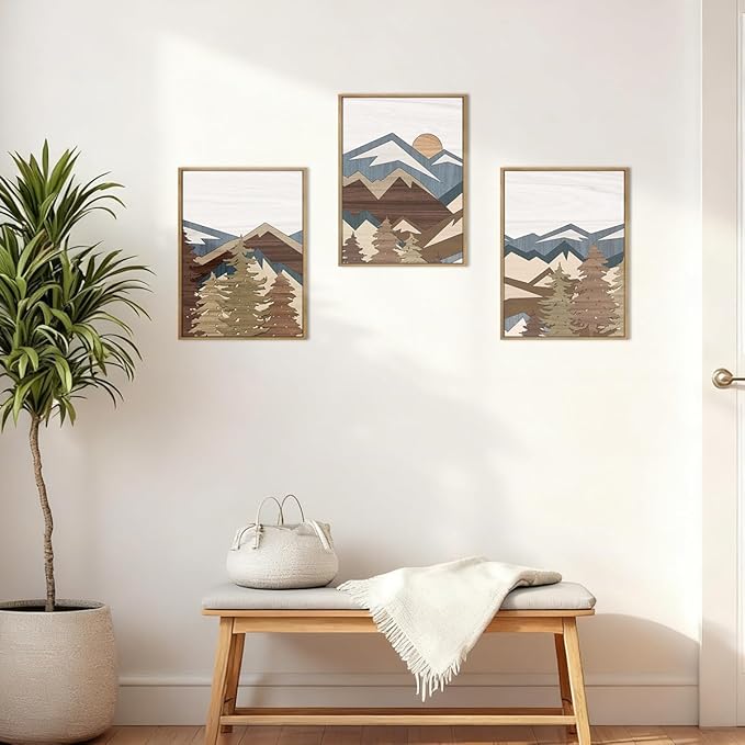 BINCUE Framed Mountain Wall Art Boho Landscape Wall Decor Mountain Artwork Boho Mountains Wall Pictures Landscape Paintings Rustic Farmhouse Decor for Office Living Room Bedroom Office 12" Lx16 W Set of 3