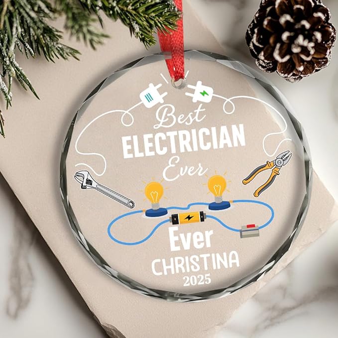 BSQUIELE Personalized Best Electrician Ever Glass Ornament 2025 - Funny Retirement Gift Custom Name and Date Keepsake - Xmas Tree Hanging Decoration for Electrician Men