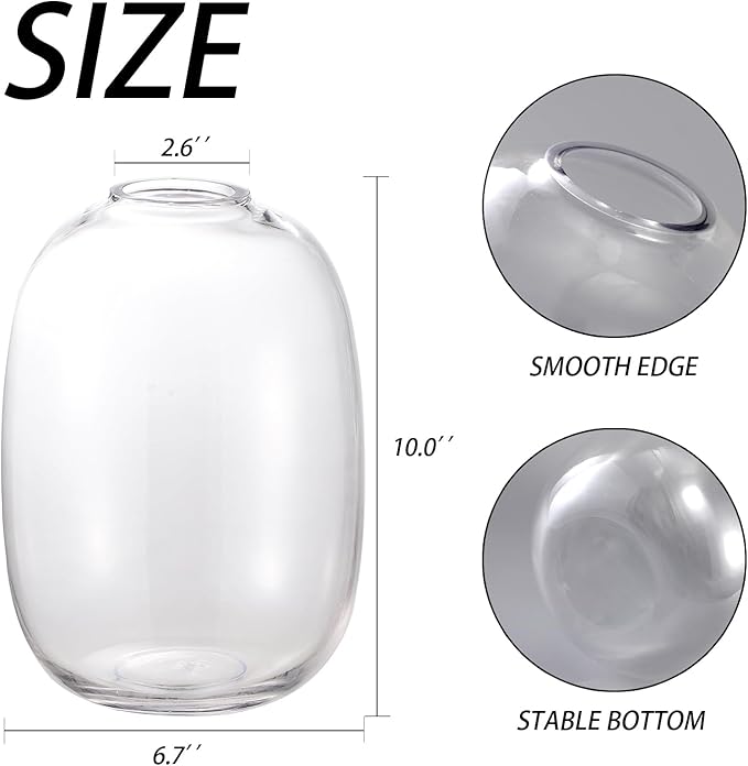Large Glass Vase, 10 Inches Tall Glass Vases, Clear Glass Vase for Flower, Modern Round Vases for Living Room, Dining Table, Mantle, Shelf, Wedding, Office, Entryway