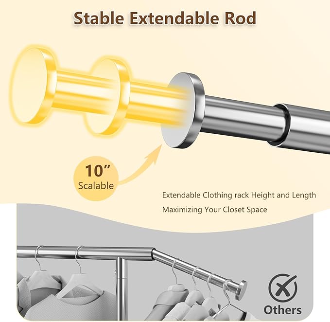 Clothes Rack for Hanging Clothes 350lbs Heavy Duty Clothing Rack 51 to 71" W x 16.53" D x 65" to 71" H Adjustable Rolling Clothes Rack Coat Rack Garment Rack 3" industrial Wheels Silver