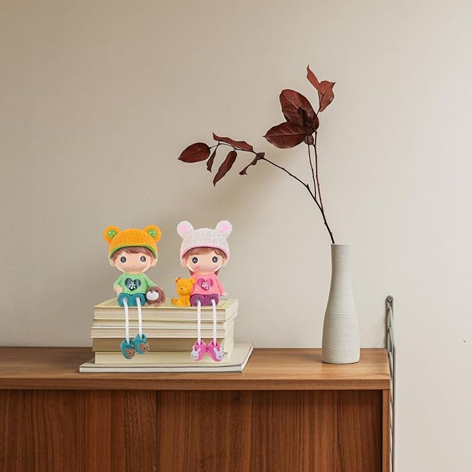 2pcs Long Leg Dolls Sculptures, Resin Shelf Sitters with Dangling Legs for Brother Sister Birthday Desktop, Tabletop, Shelf, Bookshelf Home Decor