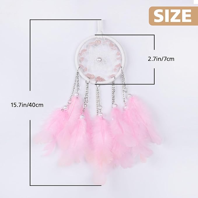Pretty Jolly Crystal Stone Small Dream Catchers Pink Feathers Mini Dreamcatchers with Beads for Car Rear View Mirror Hanging Decoration Good Luck Travel Charm Little Bedroom Ornaments for Women Girls