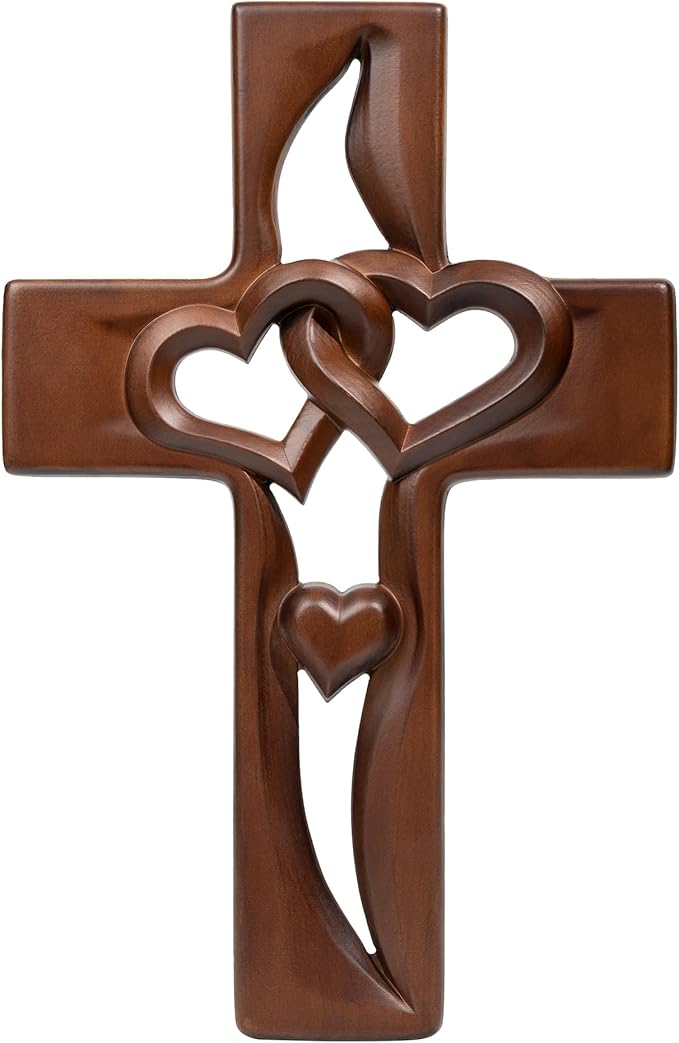 BGCOPPER Marriage Cross for Wall Love Wall Decor, Handmade Wooden Intertwined Heart Wall Cross for Wedding Valentine Christmas Gift - 10 Inch
