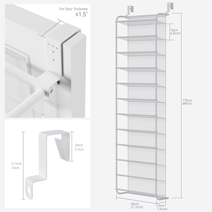 Whitmor 36 Pair Over The Door Shoe Organizer, 12 Tier Hanging Shoe Organizer, Heavy Duty Metal & Mesh Shoe Holder, Hanging Shoe Rack for Closet Organizer & Storage, 69"L x 21.7"W x 7.5"H, Matt White