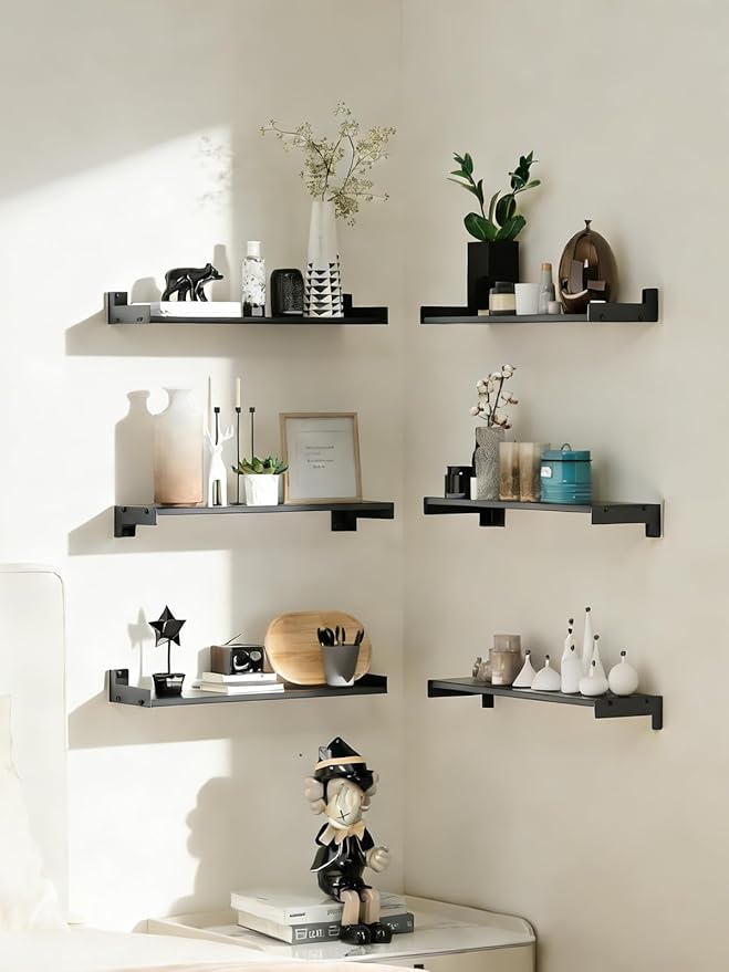 Floating Shelves for Wall, Shelves for Decor Storage Set of 6, Wall Mounted Wood Shelf for Bedroom, Living Room, Bathroom, Kitchen,Long Picture Ledge Shelves.(Black)