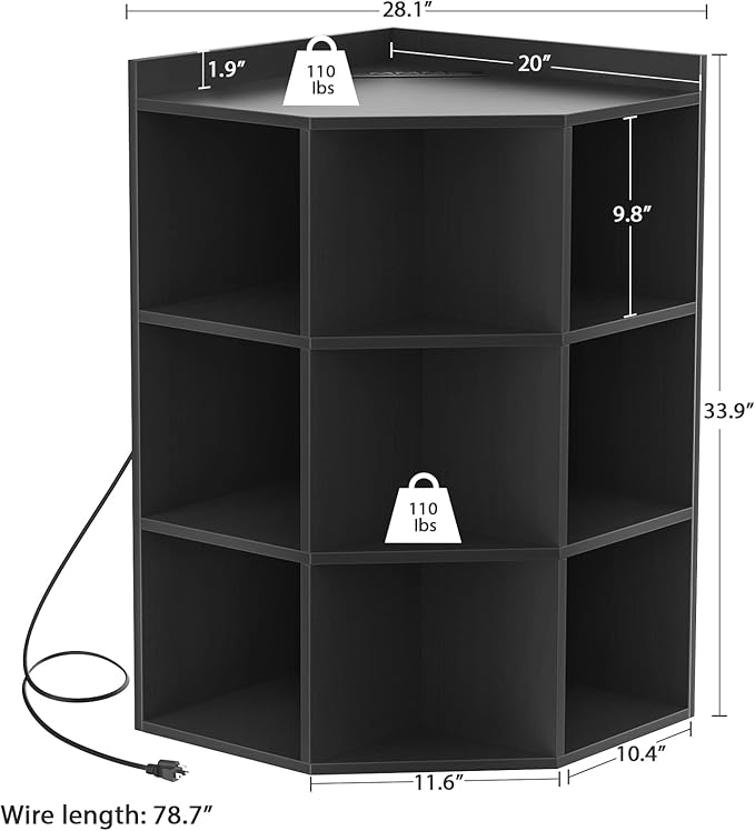 Aheaplus Corner Cabinet, Black Corner Storage with USB Ports and Outlets, Corner Cube Toy Storage for Small Space, Wooden Cubby Corners Bookshelf with 9 Cubes for Playroom, Bedroom, Living Room, Black