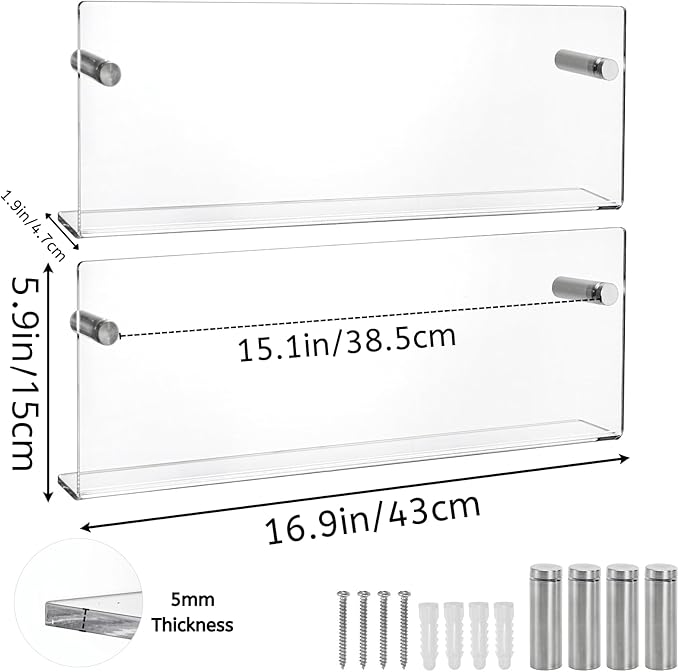 Youeon 2 Pcs Clear Acrylic Magazine Holder Wall Mount, 17 Inch Hanging Magazine Rack with Hardware, Floating Bookshelf Brochure Display Organizer for Home, Office, Reception Area