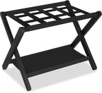 Heybly Luggage Rack, Folding Suitcase Stand with Storage Shelf, Heavy-Duty Luggage Holder for Guest Room Bedroom Hotel, Holds up to 165 lb, Black, HLR010B1